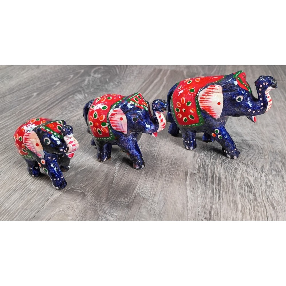 Decorative Raj Design Hand Painted Vtg Trunk Up Elephant Figurine 3‎ Family